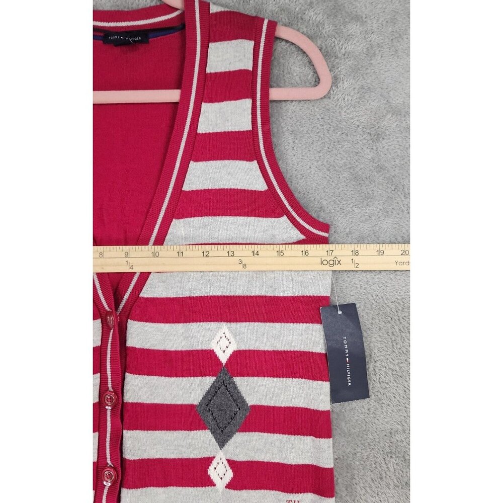 Tommy Hilfiger Sweater Vest Womens Medium Red Gray Striped Button Up Preppy - Picture 4 of 10
